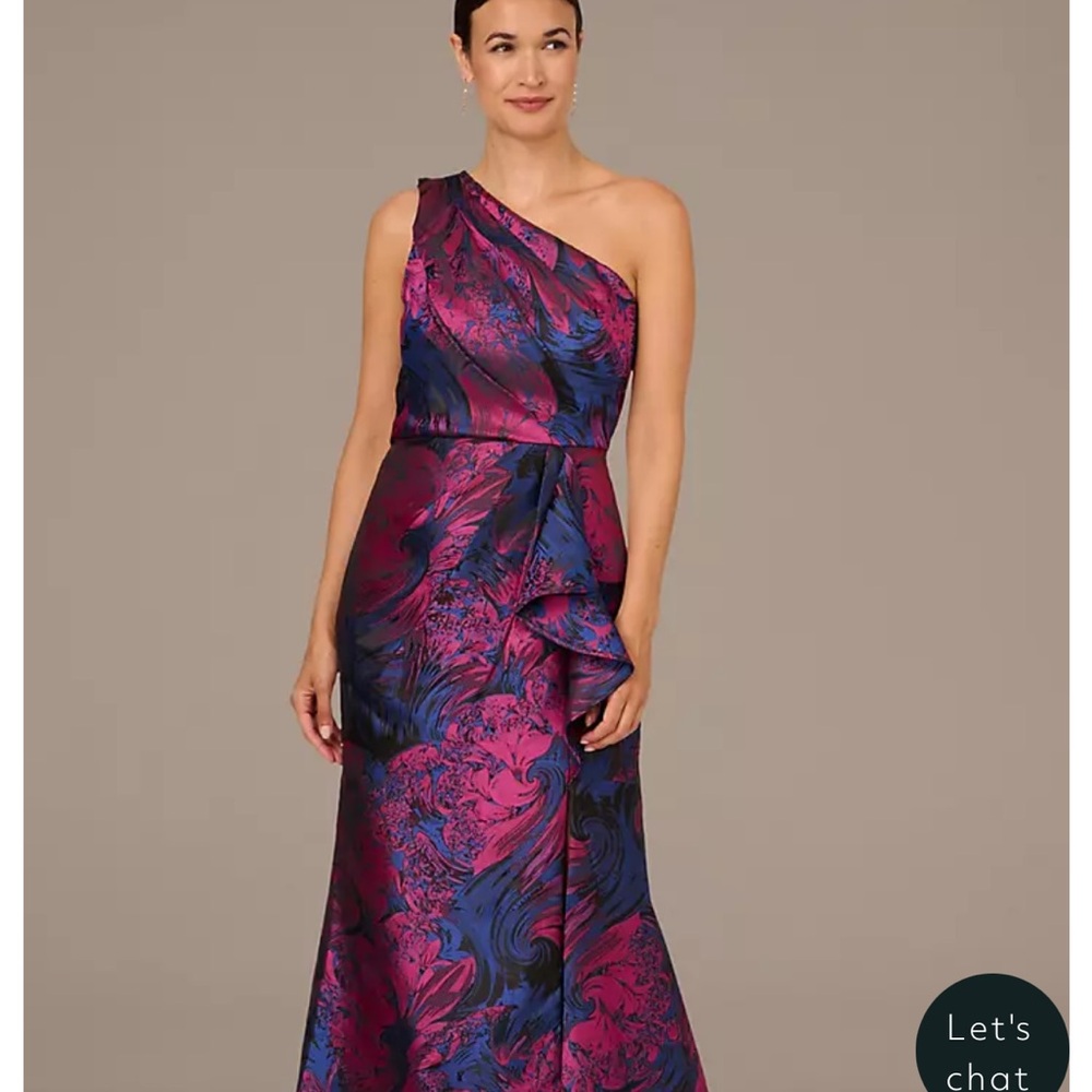 Adrianna Papell Jaquard Asymmetrical Ruched Purple and Pink One-Shoulder Gown
